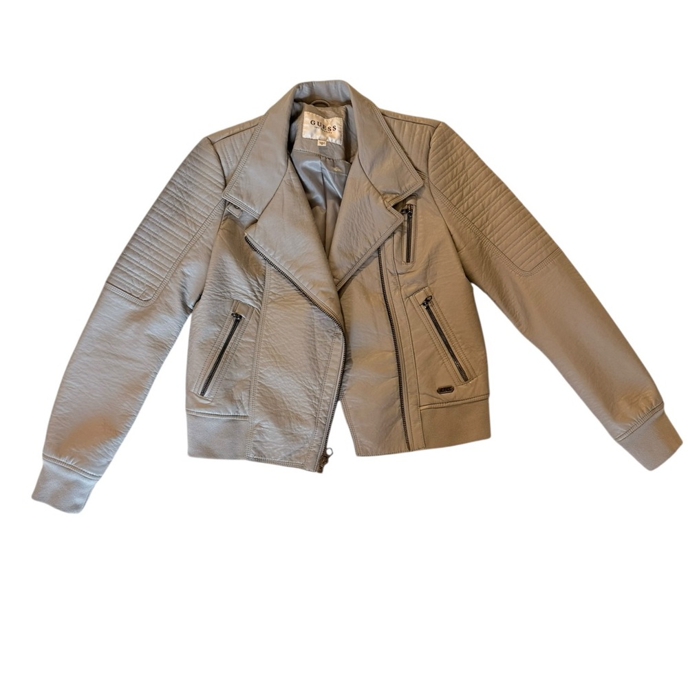 Guess Grey Moto Jacket Faux Leather Quilted Cropped Medium
